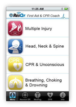 ResQr First Aid & CPR Coach menu